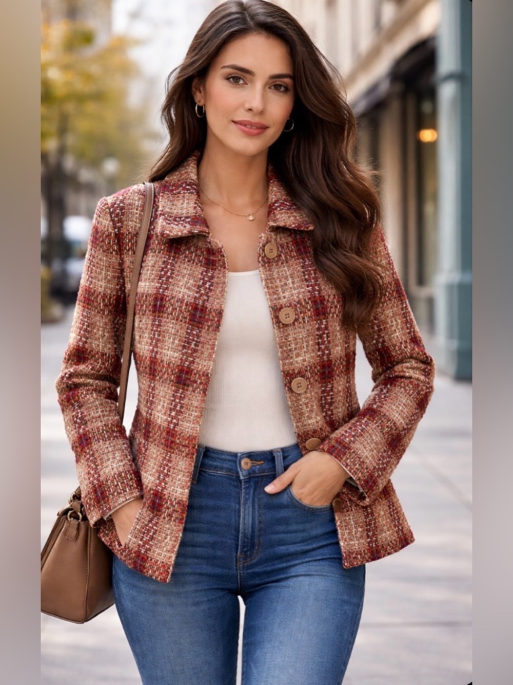 Chadwicks Women's Tweed Jacket - Red & Tan plaid.  Size 14.